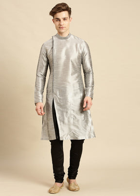 2 Pc Silver Silk Solid Kurta Pajama Set VDSAN210169 - Indian Silk House Agencies