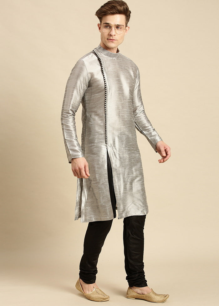 2 Pc Silver Silk Solid Kurta Pajama Set VDSAN210169 - Indian Silk House Agencies