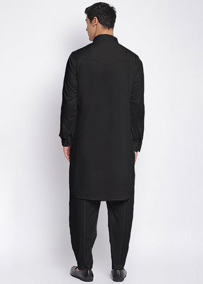 2 Pc Black Solid Cotton Kurta Pajama Set VDSAN040693 - Indian Silk House Agencies