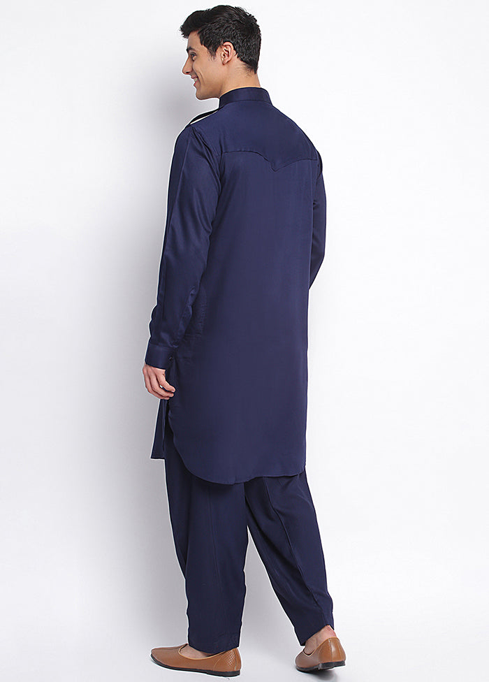 2 Pc Deep Blue Solid Cotton Kurta Pajama Set VDSAN040687 - Indian Silk House Agencies