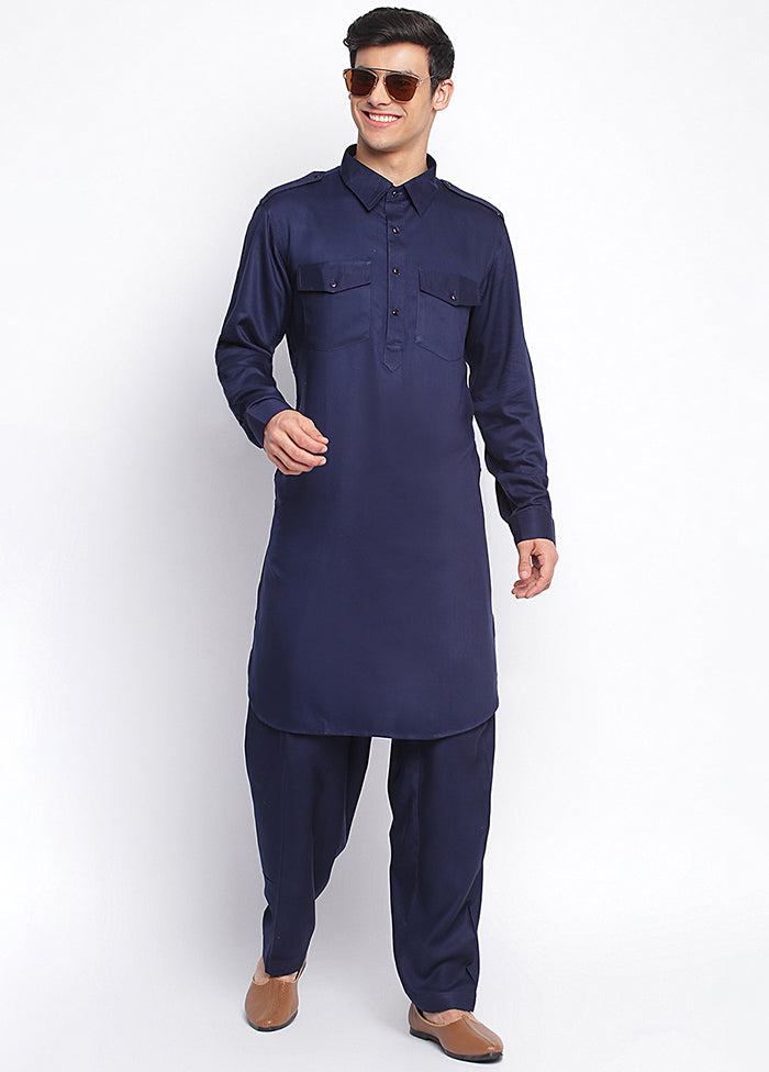 2 Pc Deep Blue Solid Cotton Kurta Pajama Set VDSAN040687 - Indian Silk House Agencies