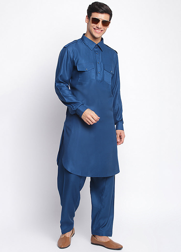2 Pc Denim Blue Solid Cotton Kurta Pajama Set VDSAN040688 - Indian Silk House Agencies