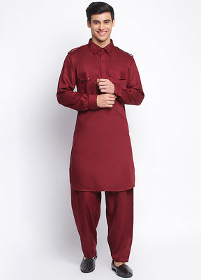 2 Pc Maroon Solid Cotton Kurta Pajama Set VDSAN040689 - Indian Silk House Agencies