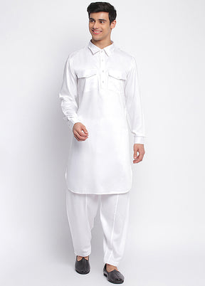 2 Pc White Solid Cotton Kurta Pajama Set VDSAN040690 - Indian Silk House Agencies