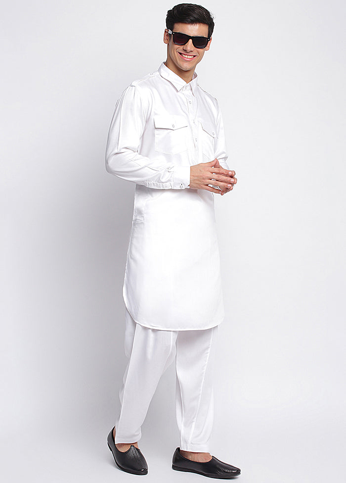 2 Pc White Solid Cotton Kurta Pajama Set VDSAN040690 - Indian Silk House Agencies