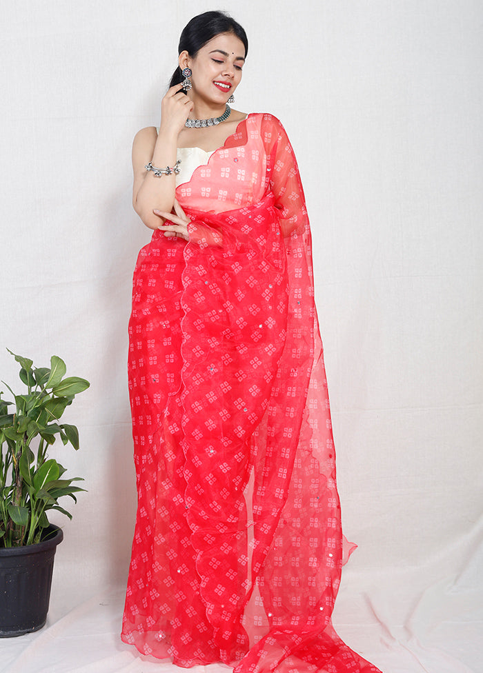 Crimson Organza Silk Bandhani Print Saree With Blouse - Indian Silk House Agencies