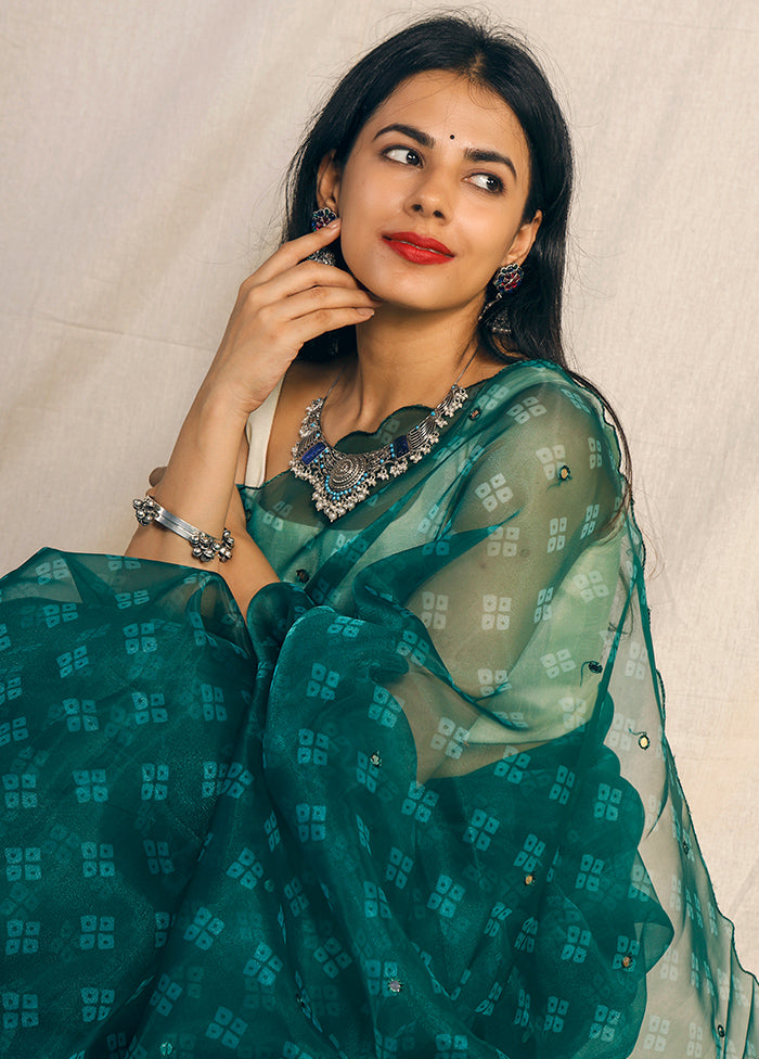 Emerald Organza Silk Bandhani Print Saree With Blouse - Indian Silk House Agencies