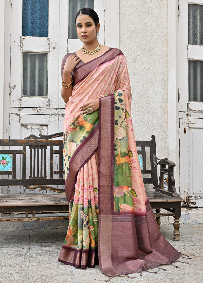 Peach Tussar Silk Saree With Blouse Piece