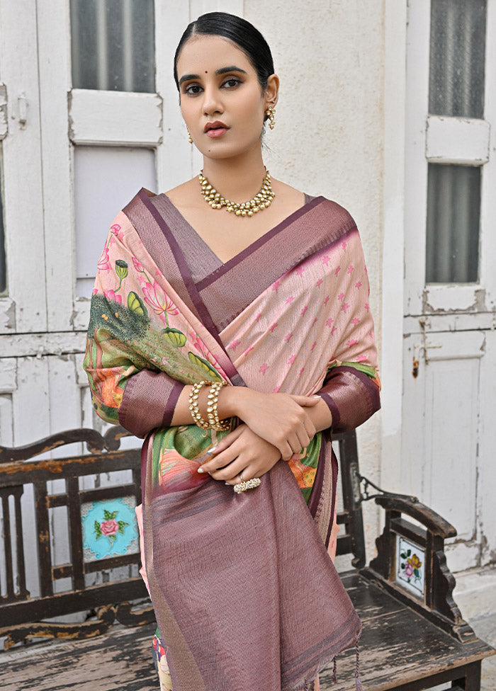 Peach Tussar Silk Saree With Blouse Piece