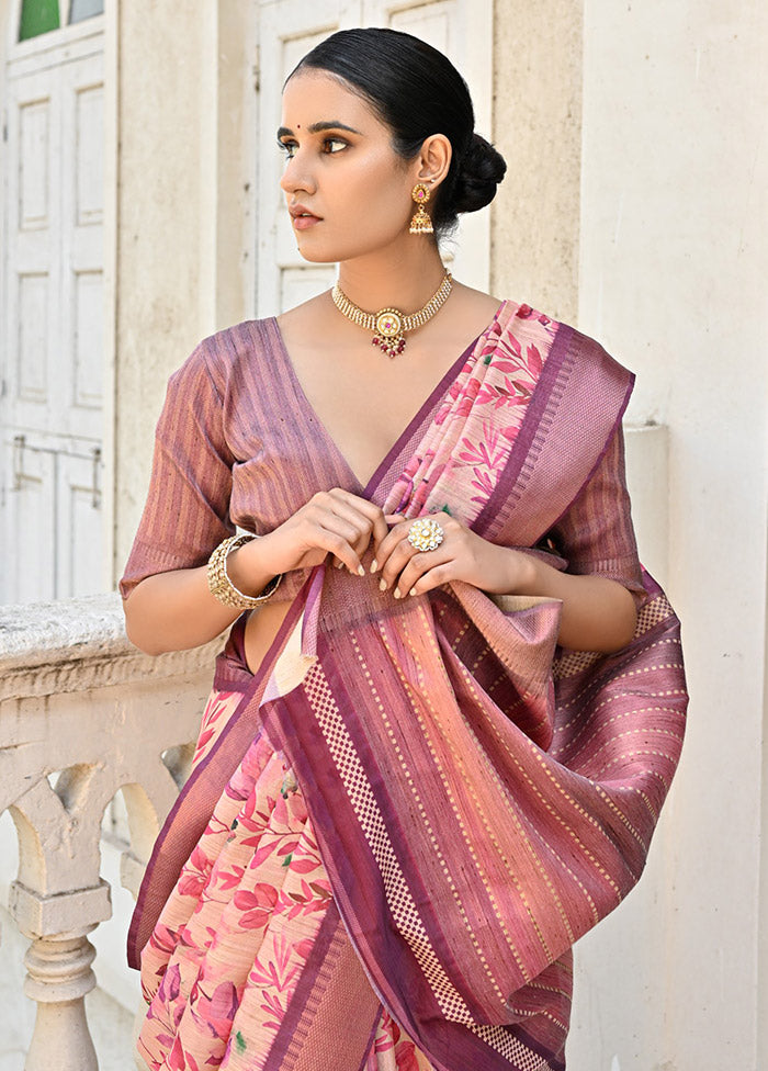 Pink Tussar Silk Saree With Blouse Piece