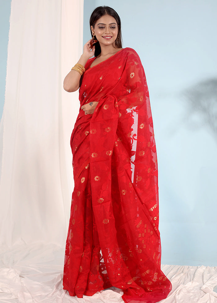 Red Tant Jamdani Saree Without Blouse Piece