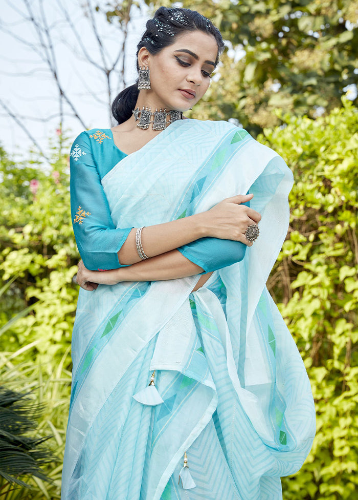 Blue Organza Saree With Blouse Piece - Indian Silk House Agencies