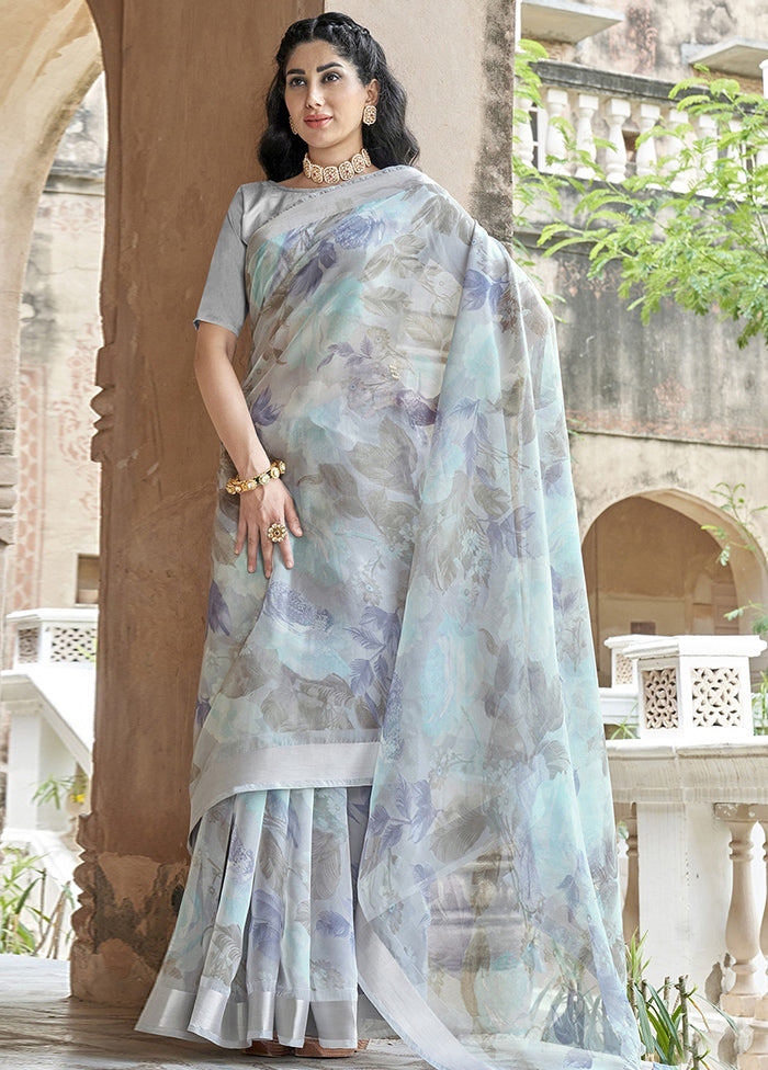 Grey Organza Saree With Blouse Piece - Indian Silk House Agencies