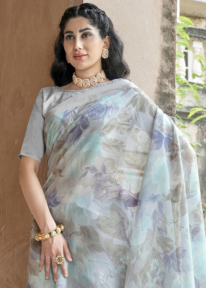 Grey Organza Saree With Blouse Piece - Indian Silk House Agencies