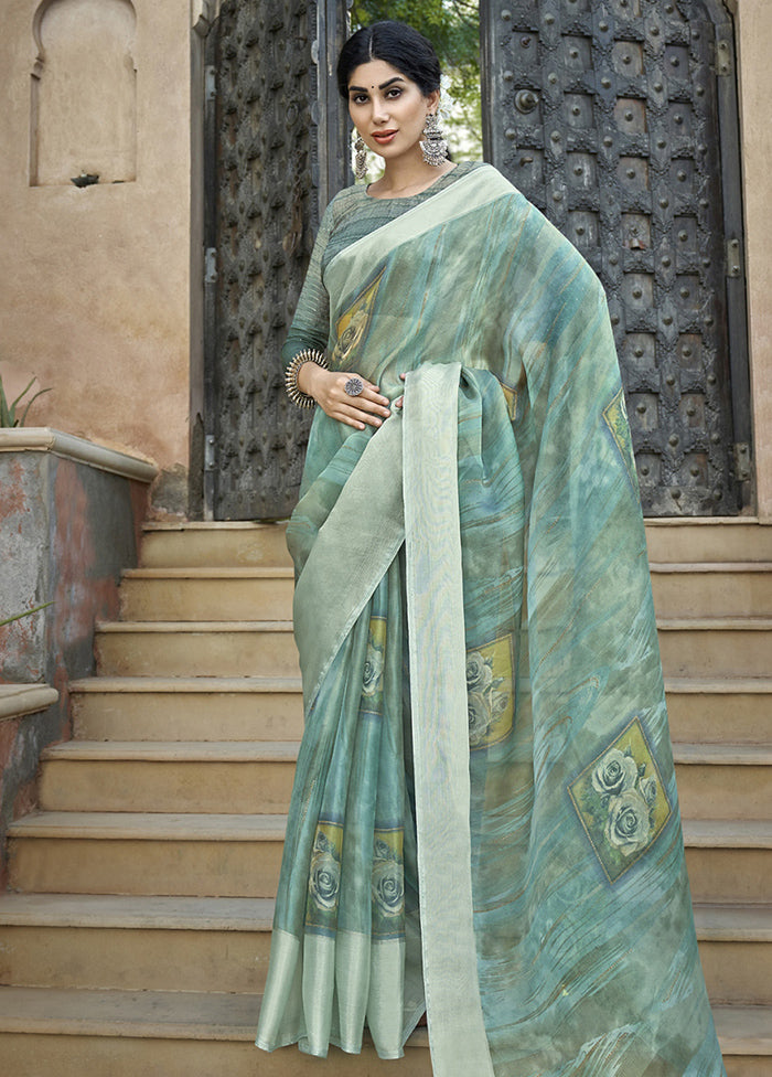 Turquoise Organza Saree With Blouse Piece - Indian Silk House Agencies