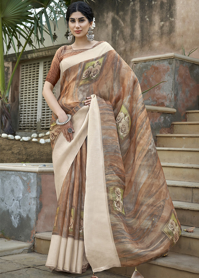 Brown Organza Saree With Blouse Piece - Indian Silk House Agencies