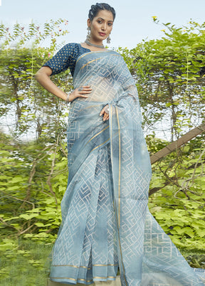 Blue Organza Saree With Blouse Piece - Indian Silk House Agencies