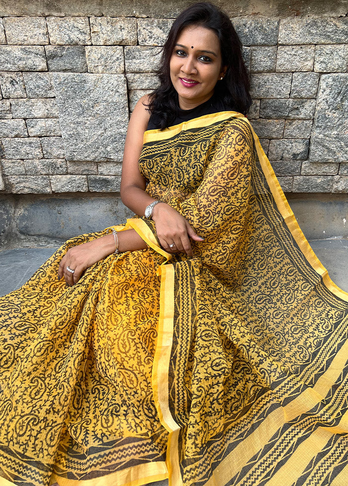 Mustard Pure Kota Handblock Print Saree With Blouse - Indian Silk House Agencies