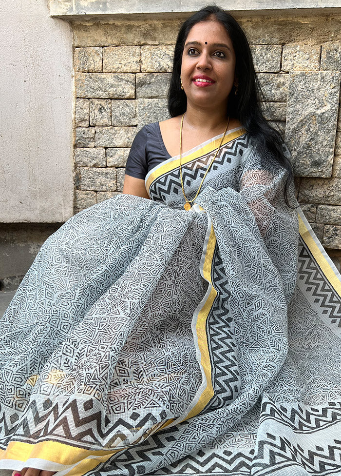 Grey Pure Kota Handblock Print Saree With Blouse - Indian Silk House Agencies