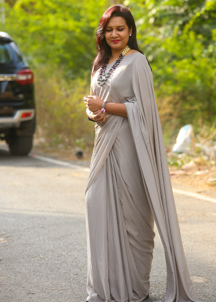 Grey Crepe Silk Solid Saree With Blouse - Indian Silk House Agencies