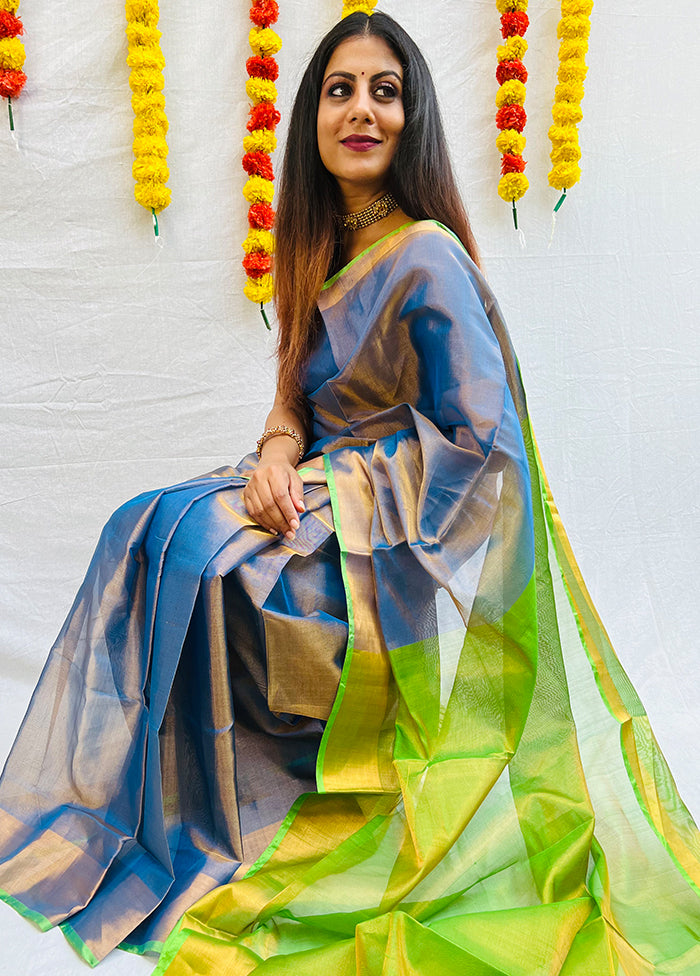 Teal Blue Uppada Tissue Silk Woven Saree With Blouse - Indian Silk House Agencies