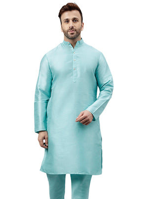 Turquoise Dupion Silk Solid Kurta