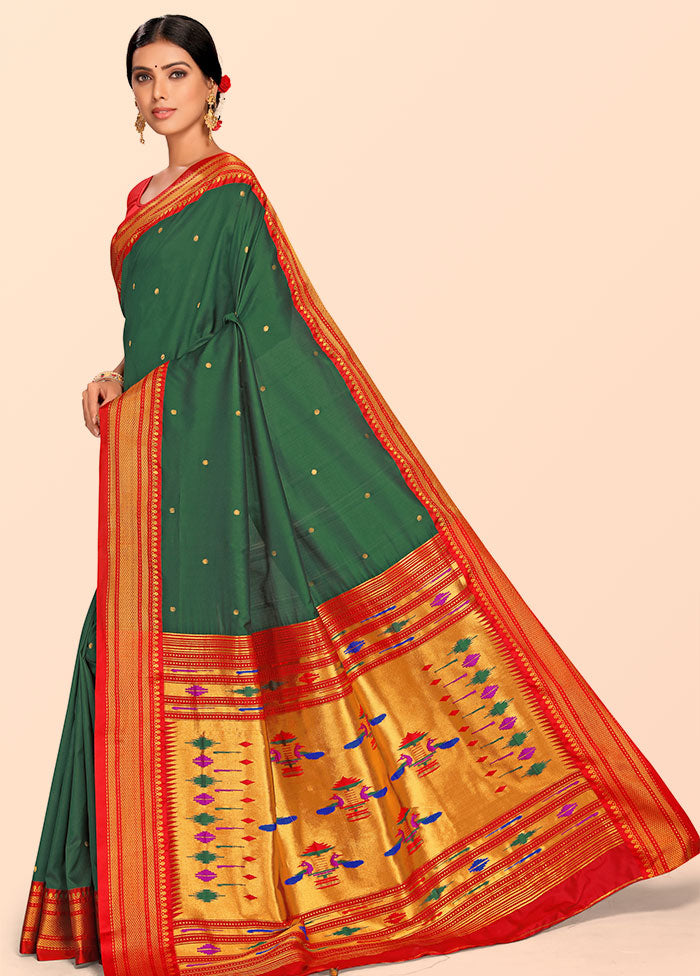 Bottle Green Paithani Work Spun Silk Saree With Blouse Piece - Indian Silk House Agencies