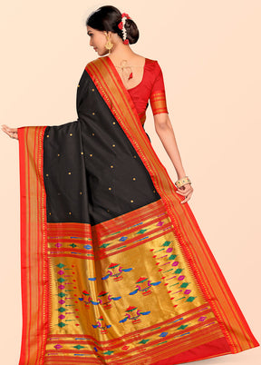 Black Paithani Work Spun Silk Saree With Blouse Piece - Indian Silk House Agencies