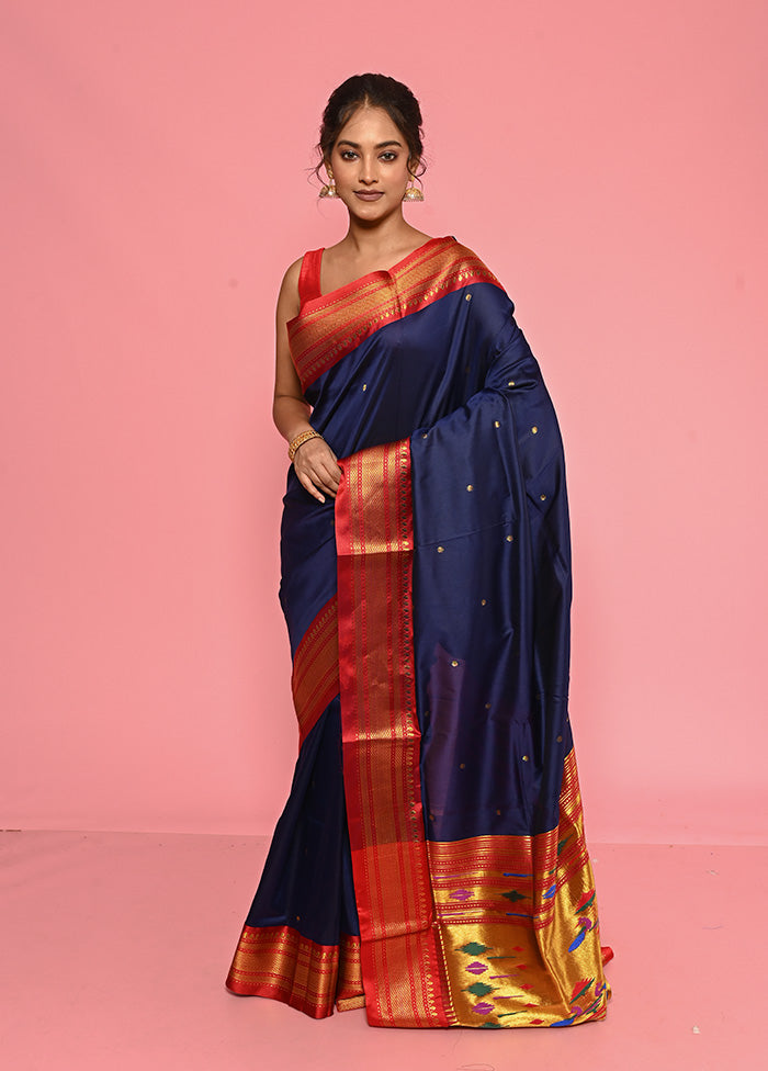 Navy Blue Paithani Work Spun Silk Saree With Blouse Piece - Indian Silk House Agencies