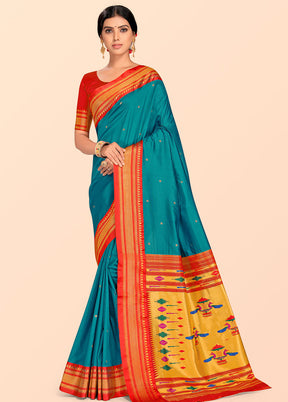 Blue Paithani Work Spun Silk Saree With Blouse Piece - Indian Silk House Agencies