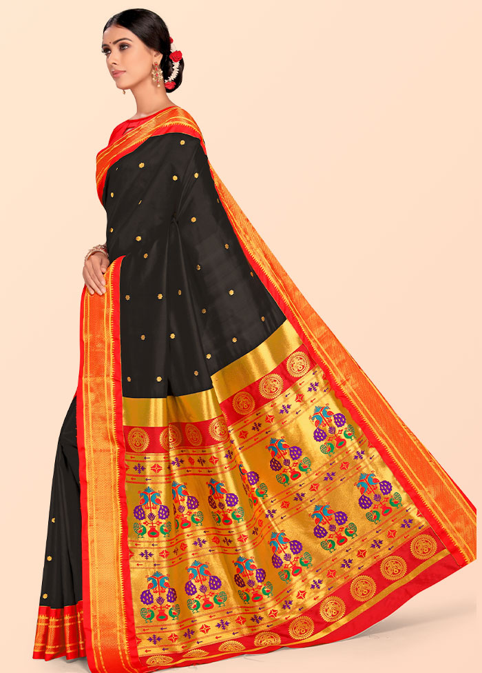 Black Paithani Work Spun Silk Saree With Blouse Piece - Indian Silk House Agencies