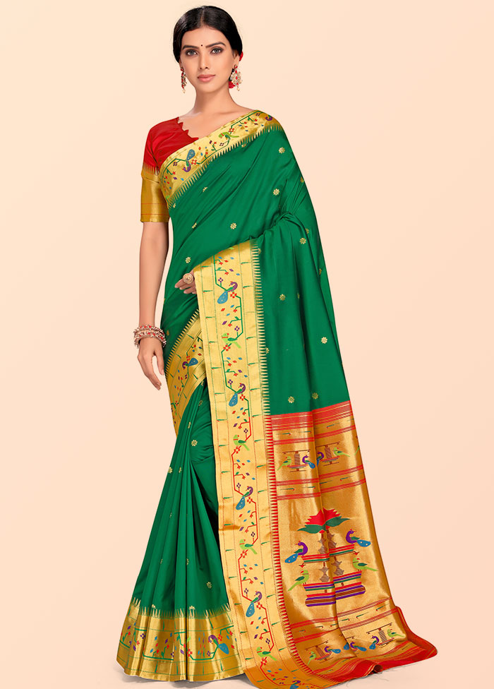Green Paithani Work Spun Silk Saree With Blouse Piece - Indian Silk House Agencies