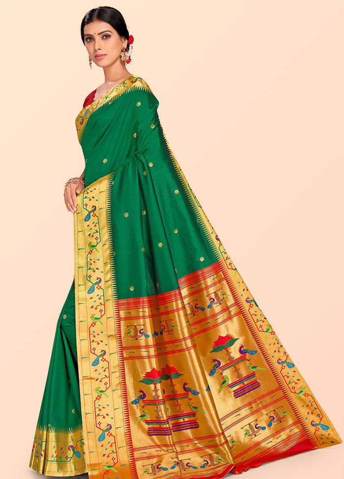 Green Paithani Work Spun Silk Saree With Blouse Piece - Indian Silk House Agencies
