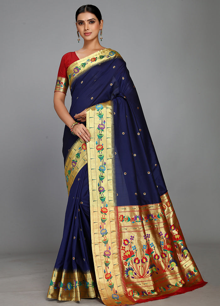 Navy Blue Paithani Spun Silk Saree With Blouse Piece - Indian Silk House Agencies