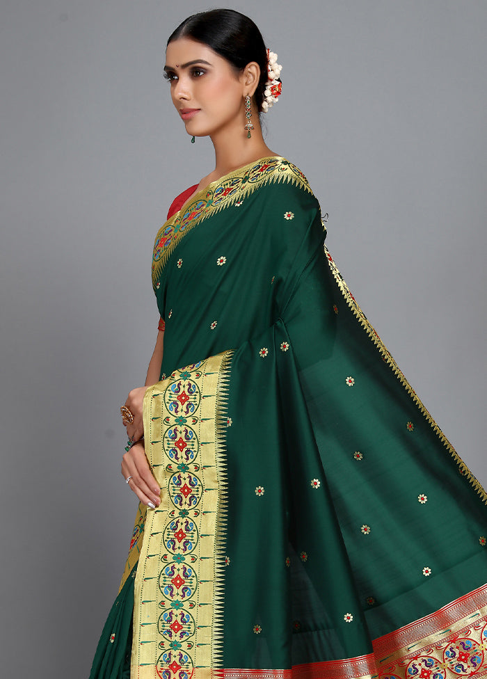 Bottle Green Paithani Spun Silk Saree With Blouse Piece - Indian Silk House Agencies