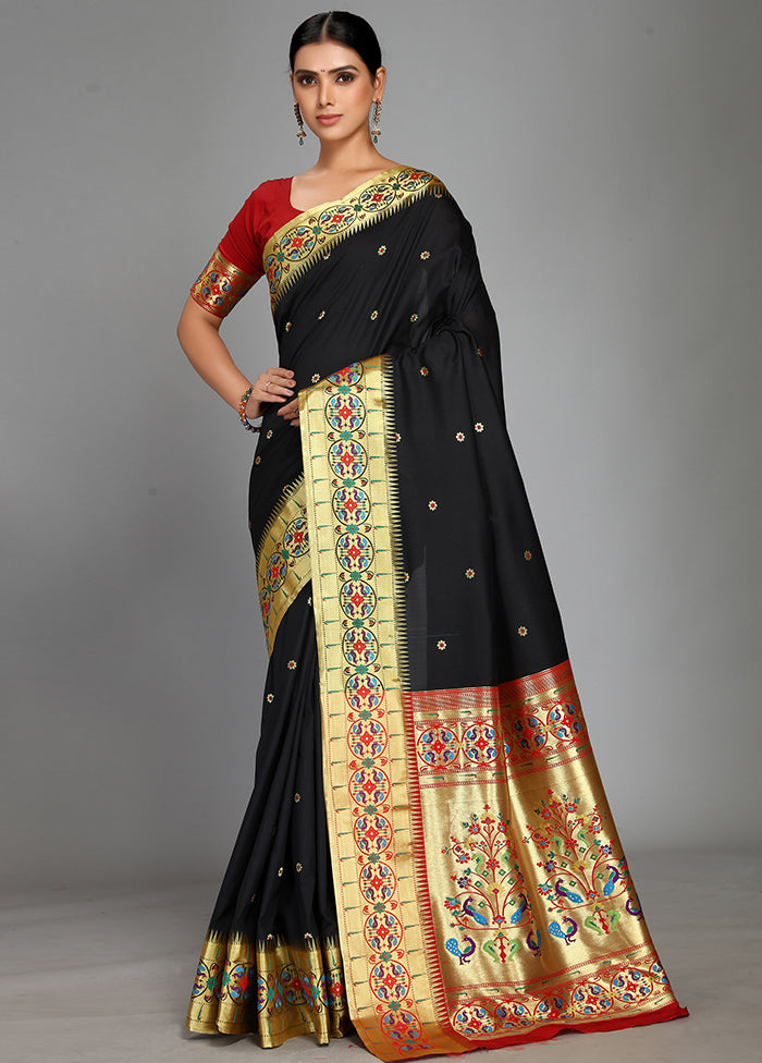 Black Paithani Spun Silk Saree With Blouse Piece - Indian Silk House Agencies