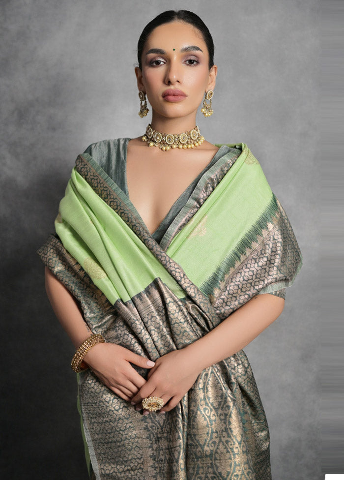 Pista Green Tussar Silk Saree With Blouse Piece