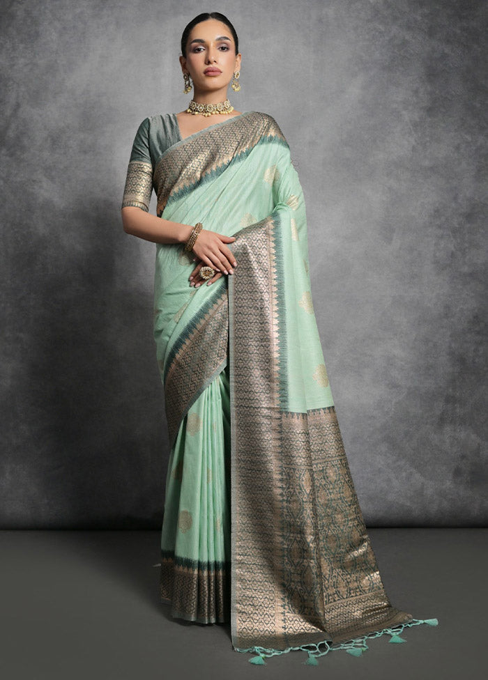 Sea Green Tussar Silk Saree With Blouse Piece