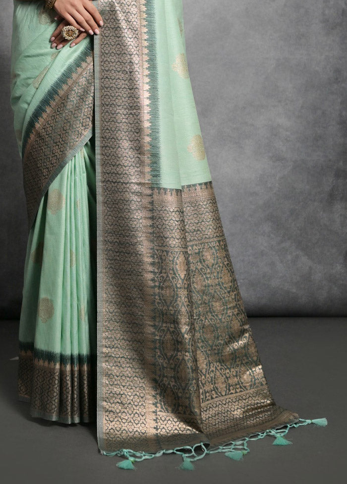 Sea Green Tussar Silk Saree With Blouse Piece