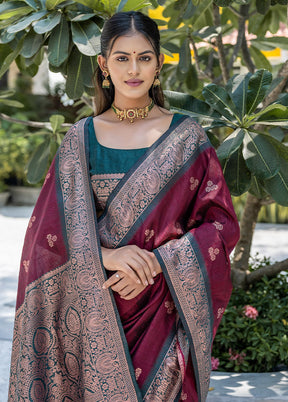 Maroon Banarasi Silk Saree With Blouse Piece