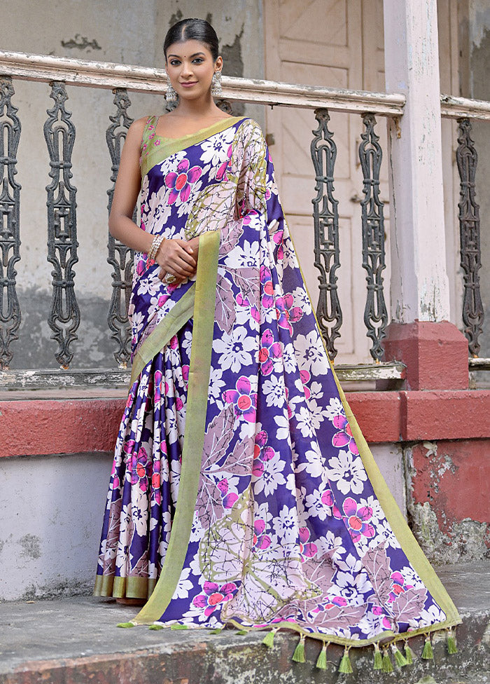 Navy Blue Cotton Saree With Blouse Piece