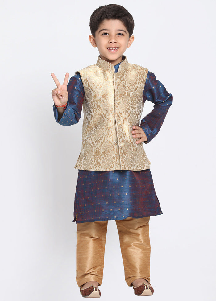 Gold Silk Kurta Pajama Set With Jacket - Indian Silk House Agencies