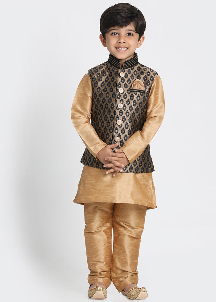 Gold Silk Kurta Pajama Set With Jacket - Indian Silk House Agencies