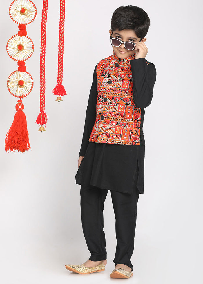 Black Silk Kurta Pajama Set With Jacket - Indian Silk House Agencies