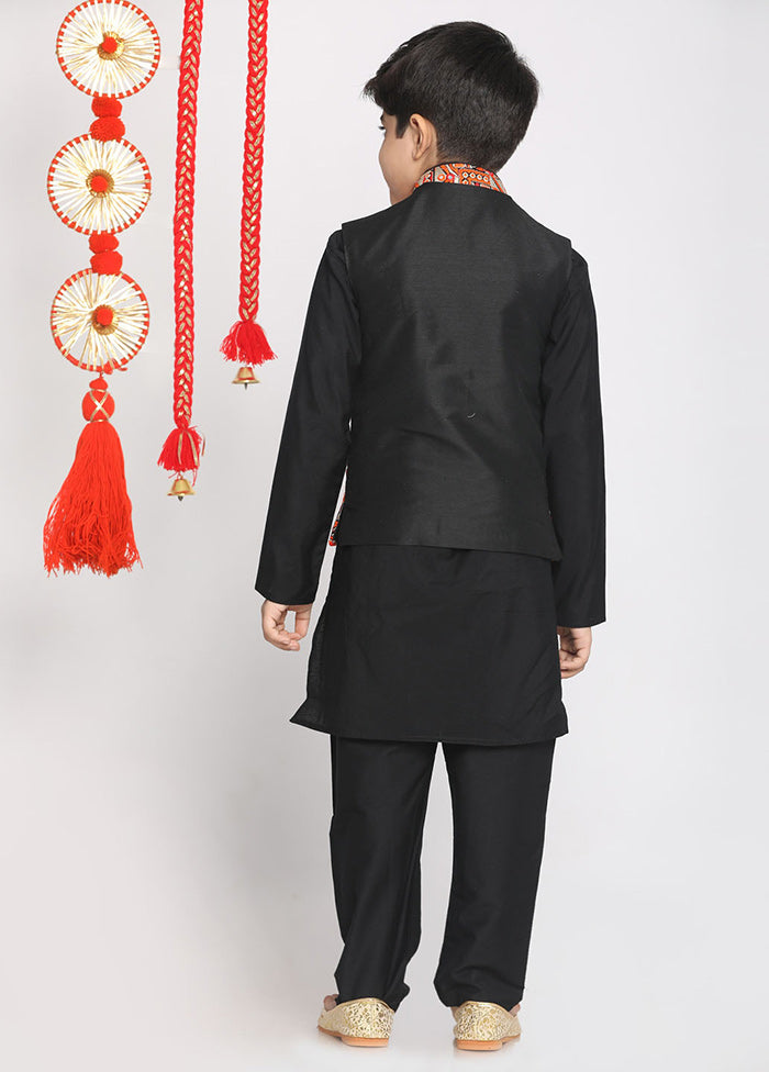 Black Silk Kurta Pajama Set With Jacket