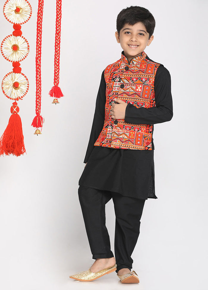 Black Silk Kurta Pajama Set With Jacket - Indian Silk House Agencies