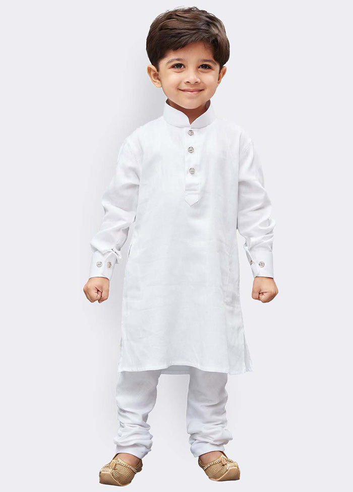 White Festive Cotton Kurta Pajama Set - Indian Silk House Agencies