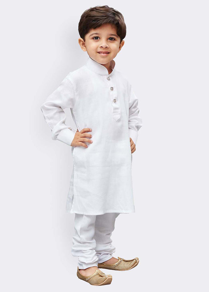 White Festive Cotton Kurta Pajama Set - Indian Silk House Agencies
