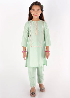 Green Viscose Fabric Mirror Work Kurta And Pant Set - Indian Silk House Agencies