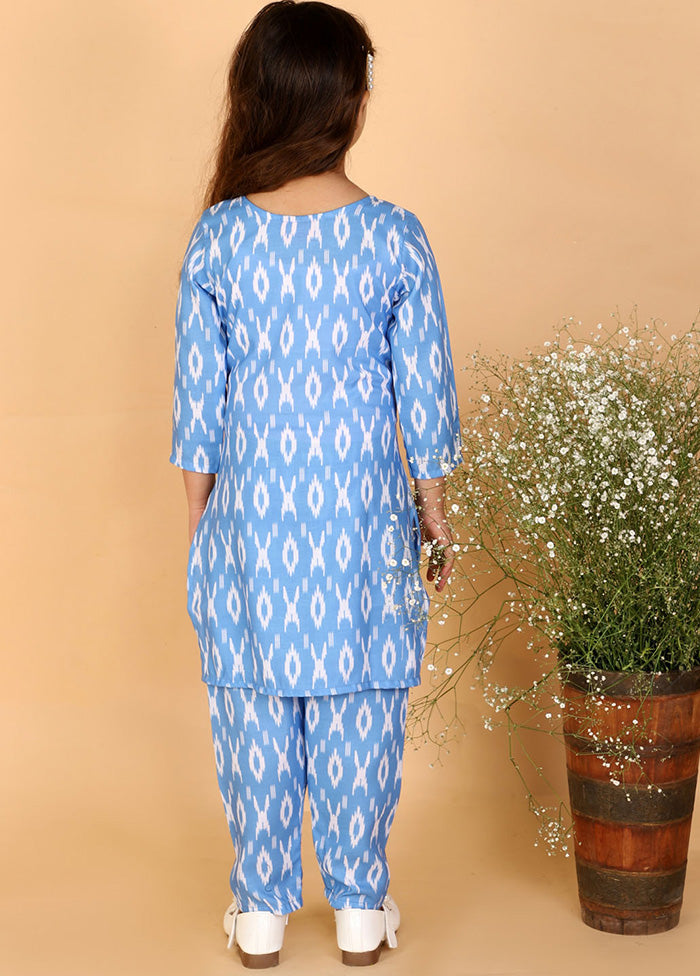 Blue Cotton Linen Ikkat Cultural Kurta And Straight Pant Set - Indian Silk House Agencies